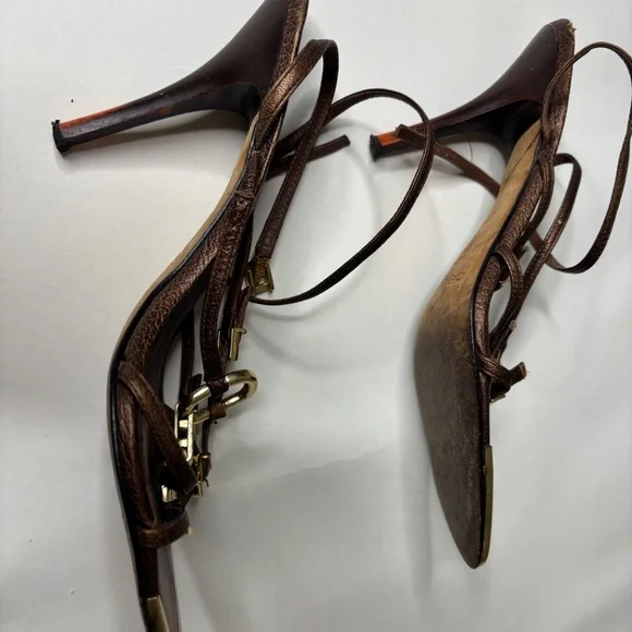 Vintage Bebe Brown Leather Gold Heels - Picture 6 of 8